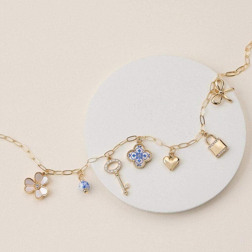 Gold Charm Necklace with Key, Heart, Clover & Floral Accents - Picture 2 of 2